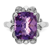 Sterling Silver Rhodium-plated Checker-Cut Amethyst & Diamond Ring view 5