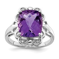 Sterling Silver Rhodium-plated Checker-Cut Amethyst & Diamond Ring view 1