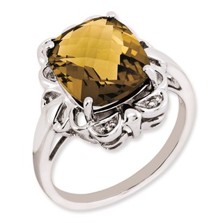 Sterling Silver RH-plated Checker-Cut Whiskey Quartz & Diamond Ring