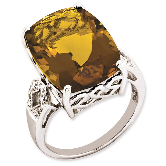 Sterling Silver Rhodium-plated Whiskey Quartz & Diamond Ring