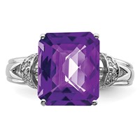 Sterling Silver Rhodium Octagonal Checker-Cut Amethyst & Diamond Ring view 4