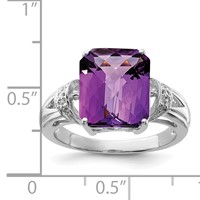 Sterling Silver Rhodium Octagonal Checker-Cut Amethyst & Diamond Ring view 2