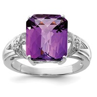 Sterling Silver Rhodium Octagonal Checker-Cut Amethyst & Diamond Ring view 1