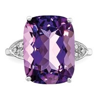 Sterling Silver Rhodium-plated Checker-Cut Amethyst & Diamond Ring view 5