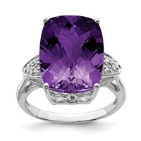 Sterling Silver Rhodium-plated Checker-Cut Amethyst & Diamond Ring view 1