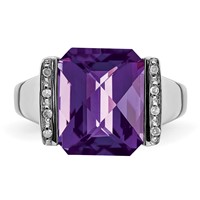 Sterling Silver Rhodium-plated Checker-Cut Amethyst & Diamond Ring view 5