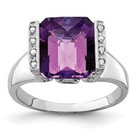 Sterling Silver Rhodium-plated Checker-Cut Amethyst & Diamond Ring view 1