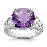 Sterling Silver Rhodium-plated Checker-Cut Amethyst Ring view 1