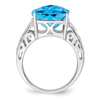 Sterling Silver Rhodium Checker-Cut Blue Topaz Ring view 2