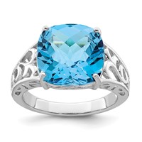 Sterling Silver Rhodium Checker-Cut Blue Topaz Ring view 1