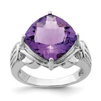 Sterling Silver Rhodium-plated Checker-Cut Amethyst Ring view 1