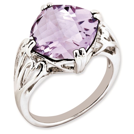 Sterling Silver Rhodium-plated Checker-Cut Pink Quartz Ring
