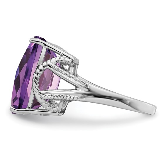 Sterling Silver Rhodium-plated Checker-Cut Amethyst Ring