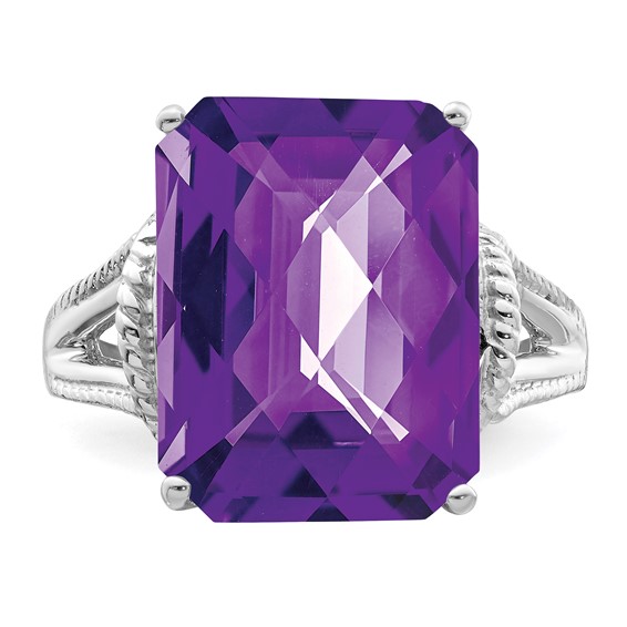 Sterling Silver Rhodium-plated Checker-Cut Amethyst Ring