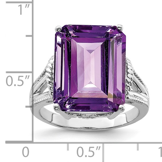 Sterling Silver Rhodium-plated Checker-Cut Amethyst Ring
