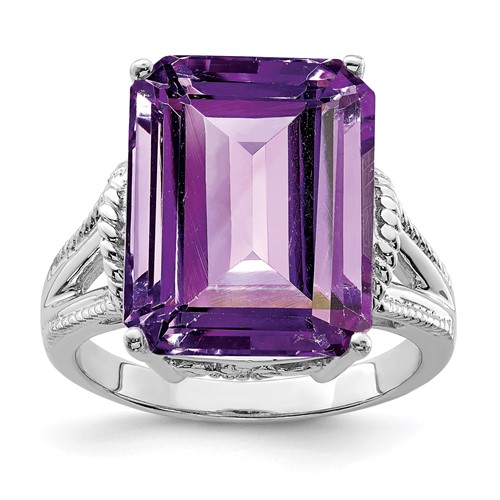Sterling Silver Rhodium-plated Octagonal Checker-Cut Amethyst Ring