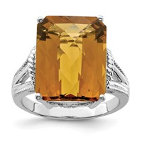 Sterling Silver Rhodium Octagonal Checker-Cut Whiskey Quartz Ring view 1