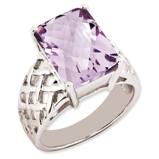 Sterling Silver Rhodium-plated Octagonal Checker-Cut Pink Quartz Ring