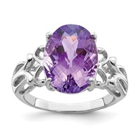 Sterling Silver Rhodium-plated Oval Checker-Cut Amethyst Ring view 1