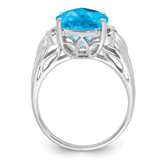 Sterling Silver Rhodium Oval Checker-Cut Blue Topaz Ring