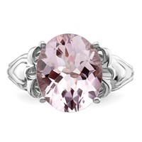 Sterling Silver Rhodium Oval Checker-Cut Pink Quartz Ring view 5