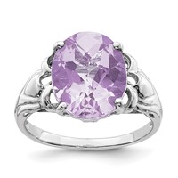 Sterling Silver Rhodium Oval Checker-Cut Pink Quartz Ring view 1