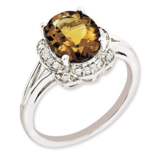 Sterling Silver Rhodium-plated Diamond & Whiskey Quartz Ring