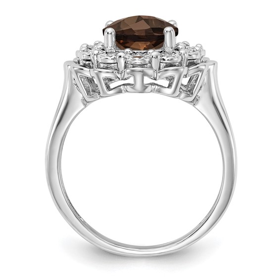 Sterling Silver Rhodium Diam. & Oval Checker-Cut Smoky Quartz Ring