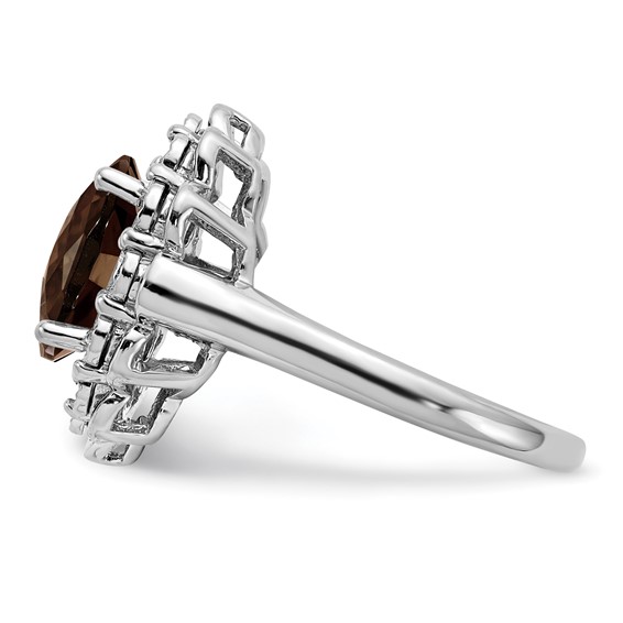 Sterling Silver Rhodium Diam. & Oval Checker-Cut Smoky Quartz Ring