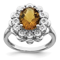 Sterling Silver Rhodium Diam. & Checker-Cut Whiskey Quartz Ring view 1