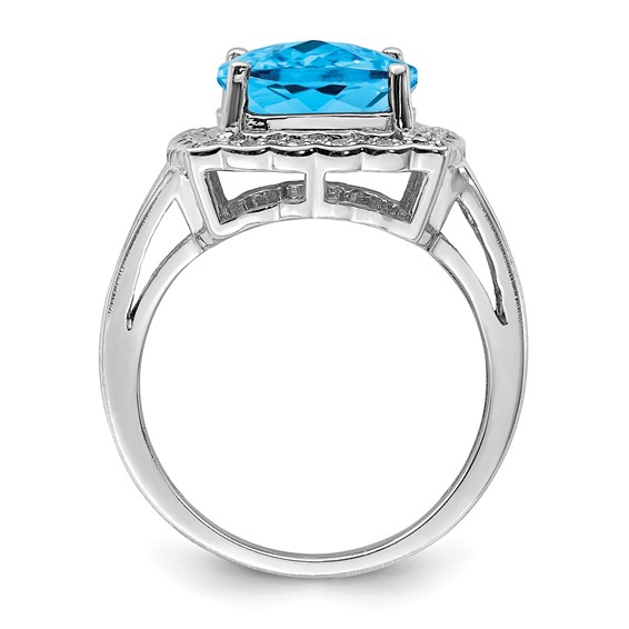 Sterling Silver Rhodium Diam. & Checker-Cut Blue Topaz Ring