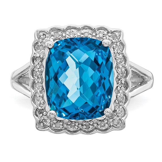 Sterling Silver Rhodium Diam. & Checker-Cut Blue Topaz Ring
