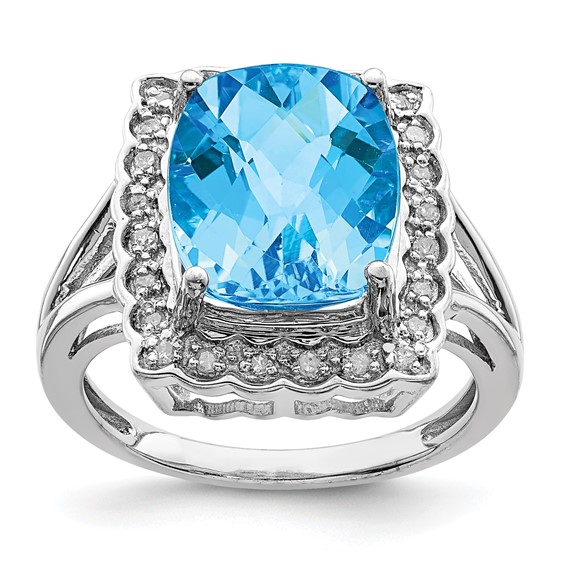 Sterling Silver Rhodium Diam. & Checker-Cut Blue Topaz Ring
