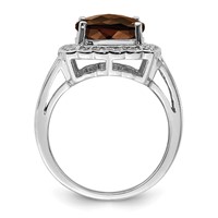 Sterling Silver Rhodium Diam. & Checker-Cut Smoky Quartz Ring view 2