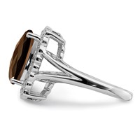 Sterling Silver Rhodium Diam. & Checker-Cut Smoky Quartz Ring view 4