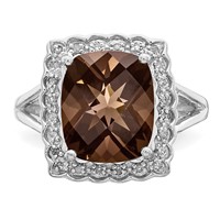 Sterling Silver Rhodium Diam. & Checker-Cut Smoky Quartz Ring view 5
