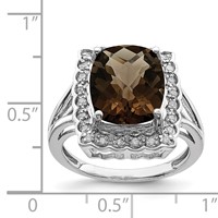 Sterling Silver Rhodium Diam. & Checker-Cut Smoky Quartz Ring view 3