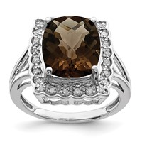 Sterling Silver Rhodium Diam. & Checker-Cut Smoky Quartz Ring view 1