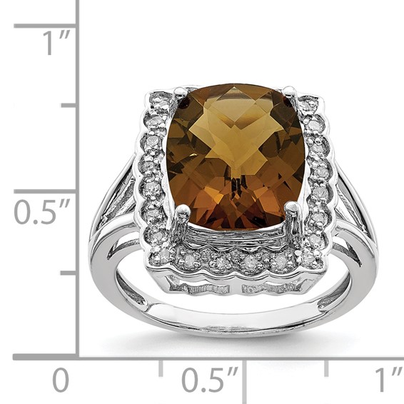 Sterling Silver Rhodium Diam. & Checker-Cut Whiskey Quartz Ring