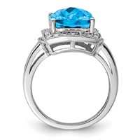 Sterling Silver Rhodium Diam. & Checker-Cut Blue Topaz Ring view 2