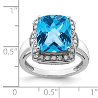Sterling Silver Rhodium Diam. & Checker-Cut Blue Topaz Ring view 4