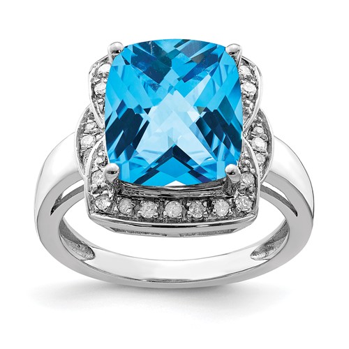 Sterling Silver Rhodium Diam. & Checker-Cut Blue Topaz Ring