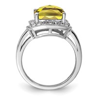 Sterling Silver Rhodium Diam. & Checker-Cut Lemon Quartz Ring view 2