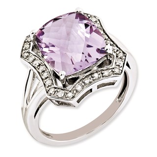 Sterling Silver Rhodium-plated Diamond & Checker-Cut Pink Quartz Ring