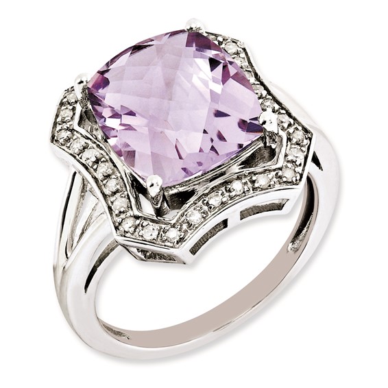 Sterling Silver Rhodium-plated Diamond & Checker-Cut Pink Quartz Ring