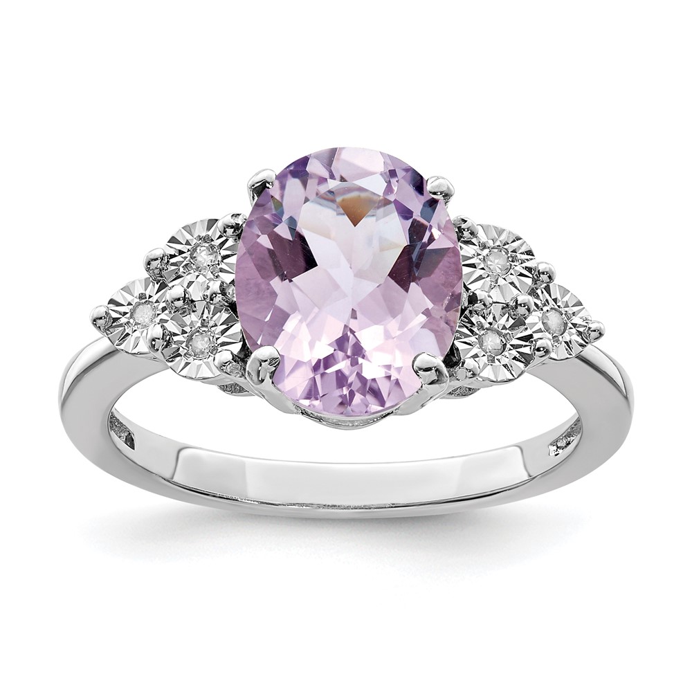 Sterling Silver Rhodium Diam. & Pink Quartz Ring