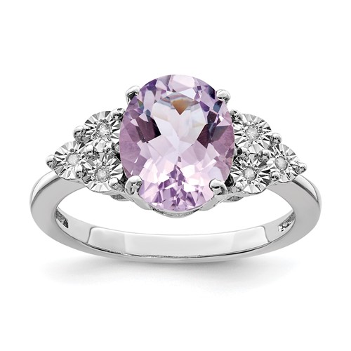Sterling Silver Rhodium Diam. & Pink Quartz Ring