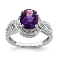 Sterling Silver Rhodium-plated Diamond & Oval Checker-Cut Amethyst Ring view 1