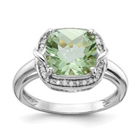 Sterling Silver Rhodium Diam. & Checker-Cut Green Quartz Ring view 1