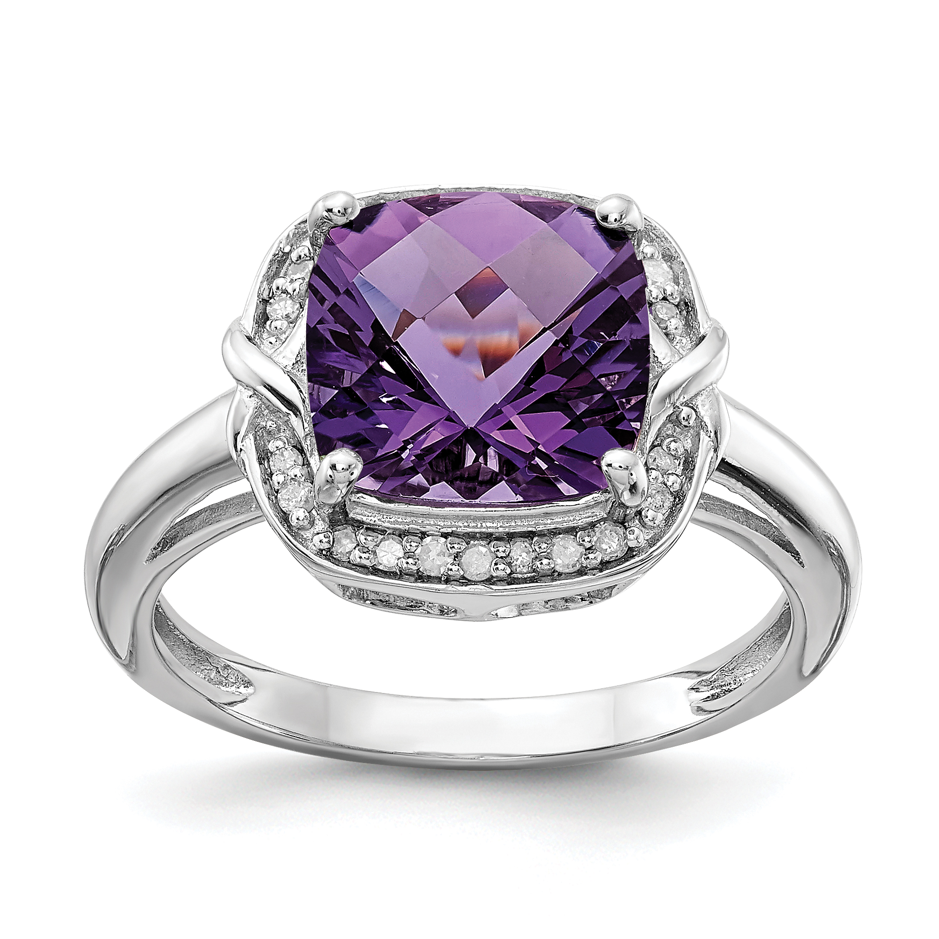 Sterling Silver Rhodium-plated Diamond & Checker-Cut Amethyst Ring (QR3039AM-8)